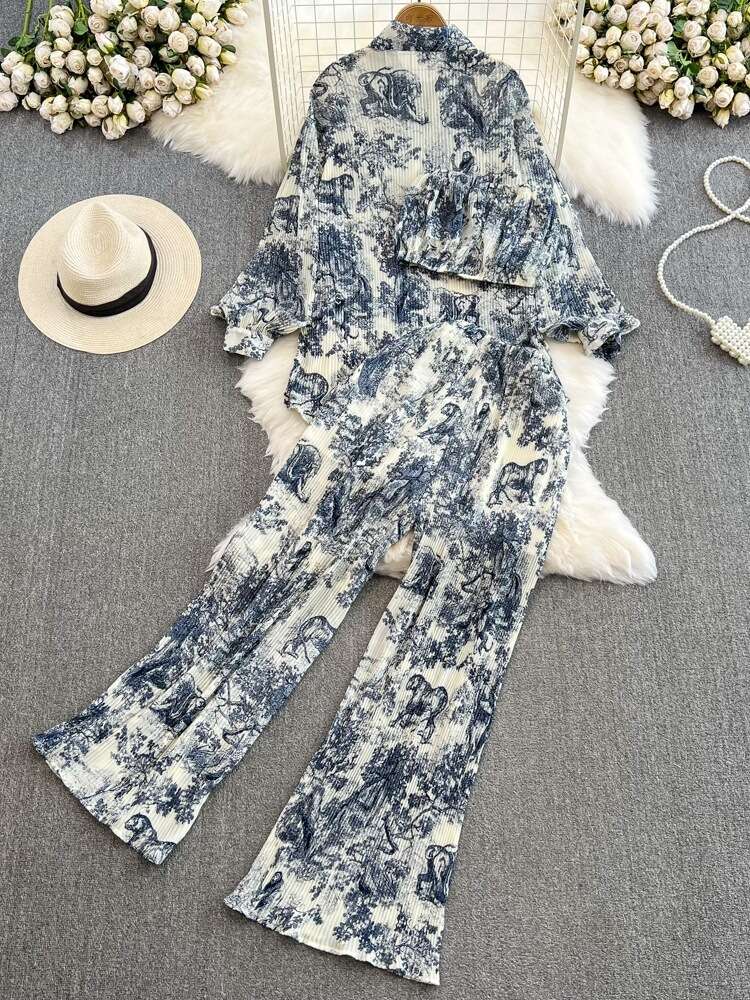 Fashion Set Womens Three House Pleated Loose Ink Painting Printed Shirt Strapless Vest Three Piece High Waisted Wide Leg Casual Pants