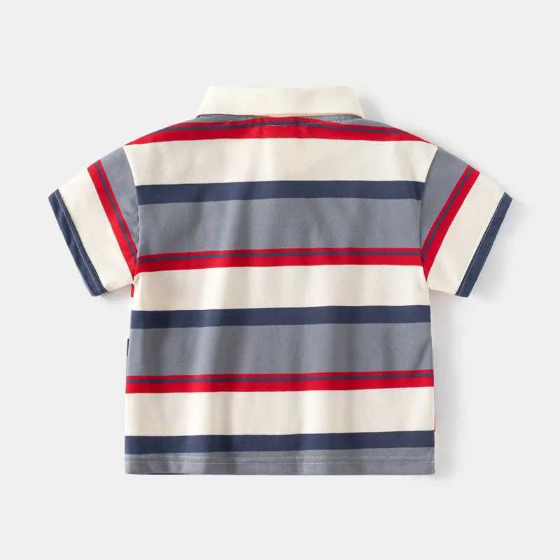 Polos Polos 2024 New Summer Childrens Short sleeved Seven Piece T-shirt Boys Striped Polo Shirt Cartoon Broidery Breathable Cotton Suitable for ages 3