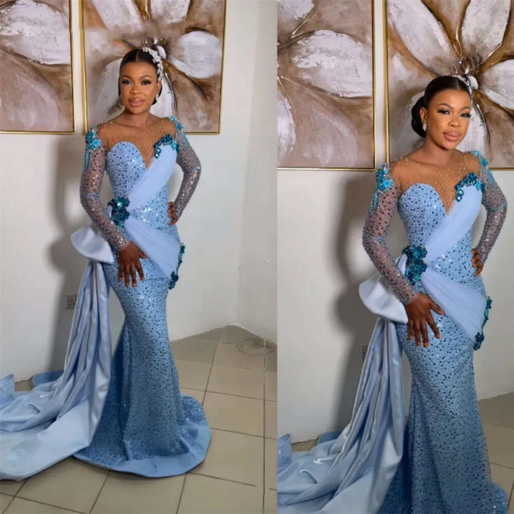 Aso Modest Ebi Style Blue Prom Dresses Lace Appliques Sequined African Formal Ocn Dress Side Train Nigerian Evening Gowns