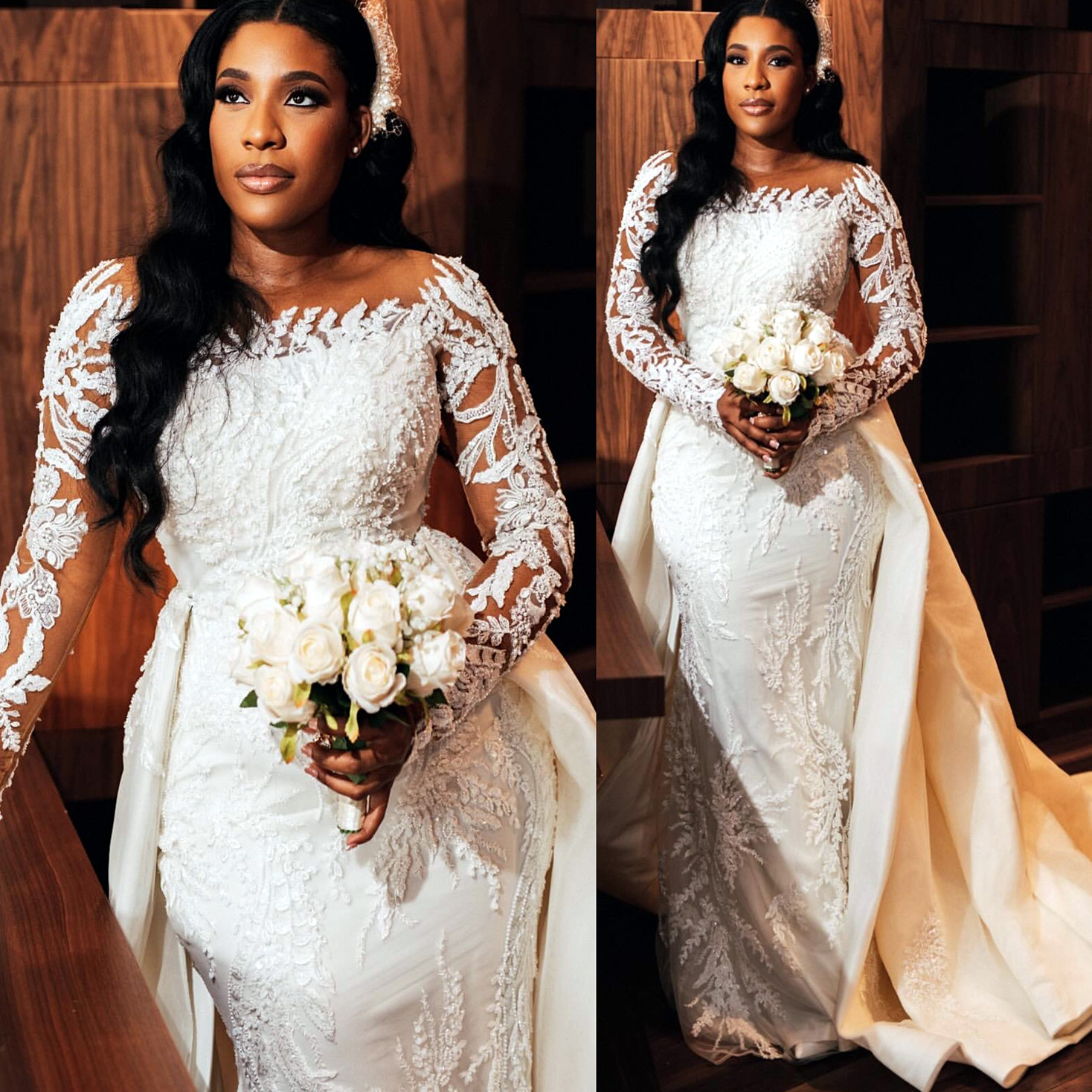 2024 Arabic Aso Ebi Plus Size White Lace Mermaid Wedding Dress Beaded Detachable Satin Train Bridal Gowns Dresses ZJ202