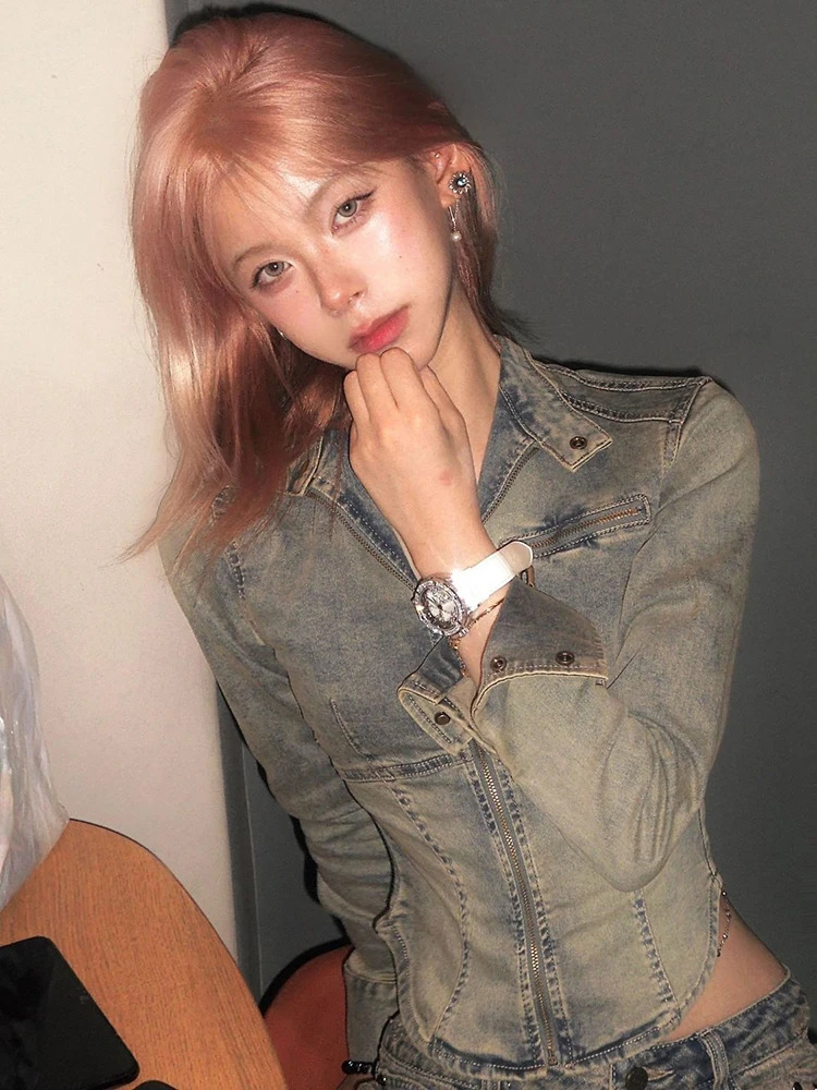 Y2k Fashion Korea Grunge Washed Denim Woman Long Sleeve Short Jacket Slimming Zipper Streetwear 90s Autumn Winter Top Outerwears 240530