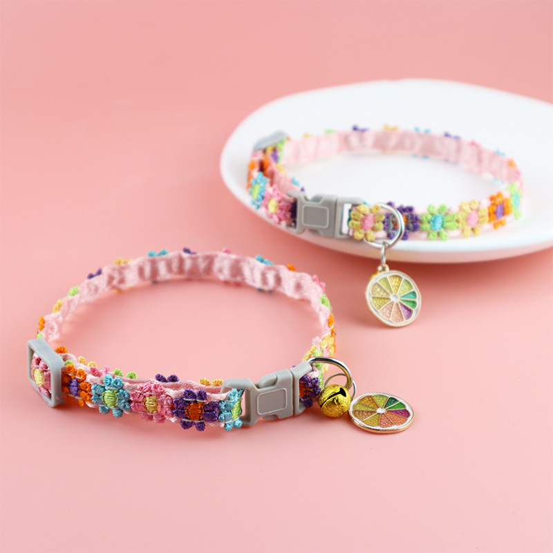 1Pc Cute Pet Collar Personalized Colorful Flowers Adjustable Buckle Cat Collar Hand Sewn With Bell Puppy Collars Cat Accessories