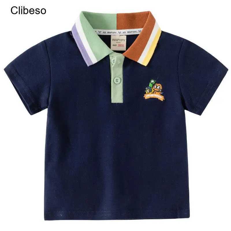 Polos Polos Clibeso Childrens Boys Polo Shirt Cute Cartoon Broidery Shirt Summer Short Seven Cotton Shirt Childrens Baby Top WX5.29