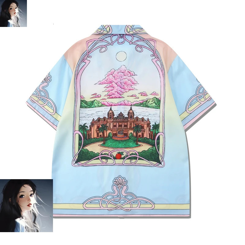 Pink Cloud Garden Print Shorts Shirt Set High Quality Men Women Summer Hawaii Beach Seaside Holiday Surf Suit 240518
