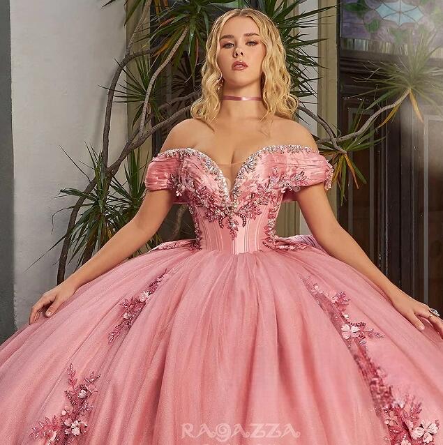 Pink Mexican Quinceanera Dresses Ball Gown Off The Shoulder Tulle Floral Beaded Puffy Charro Sweet 16 Dresses 15 Anos