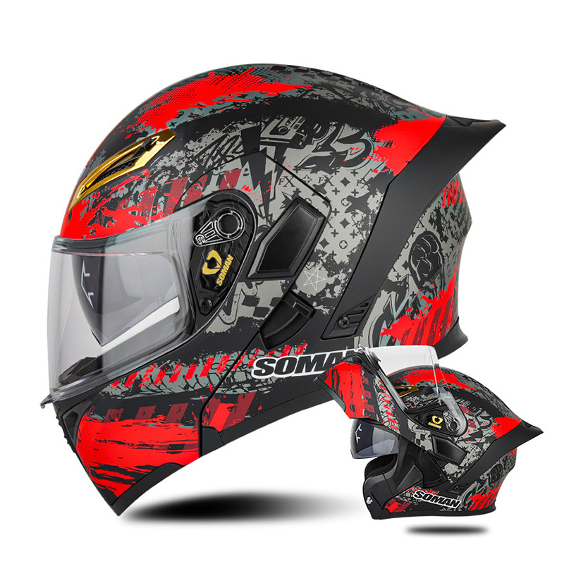 DOT Approved Men's Motorcycle Helmet Full Face Helmet with Double Visor Flip Up Motocross Helmet Four Seasons Universal