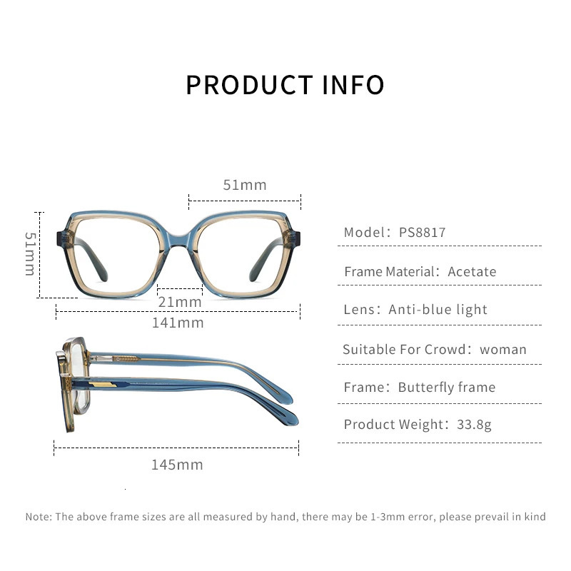 Gmei Optical Women Fashion Acetate Blue Light Blocking Computer Glasses Without Degrees Female Square Spectacles Frame PS8817 240530