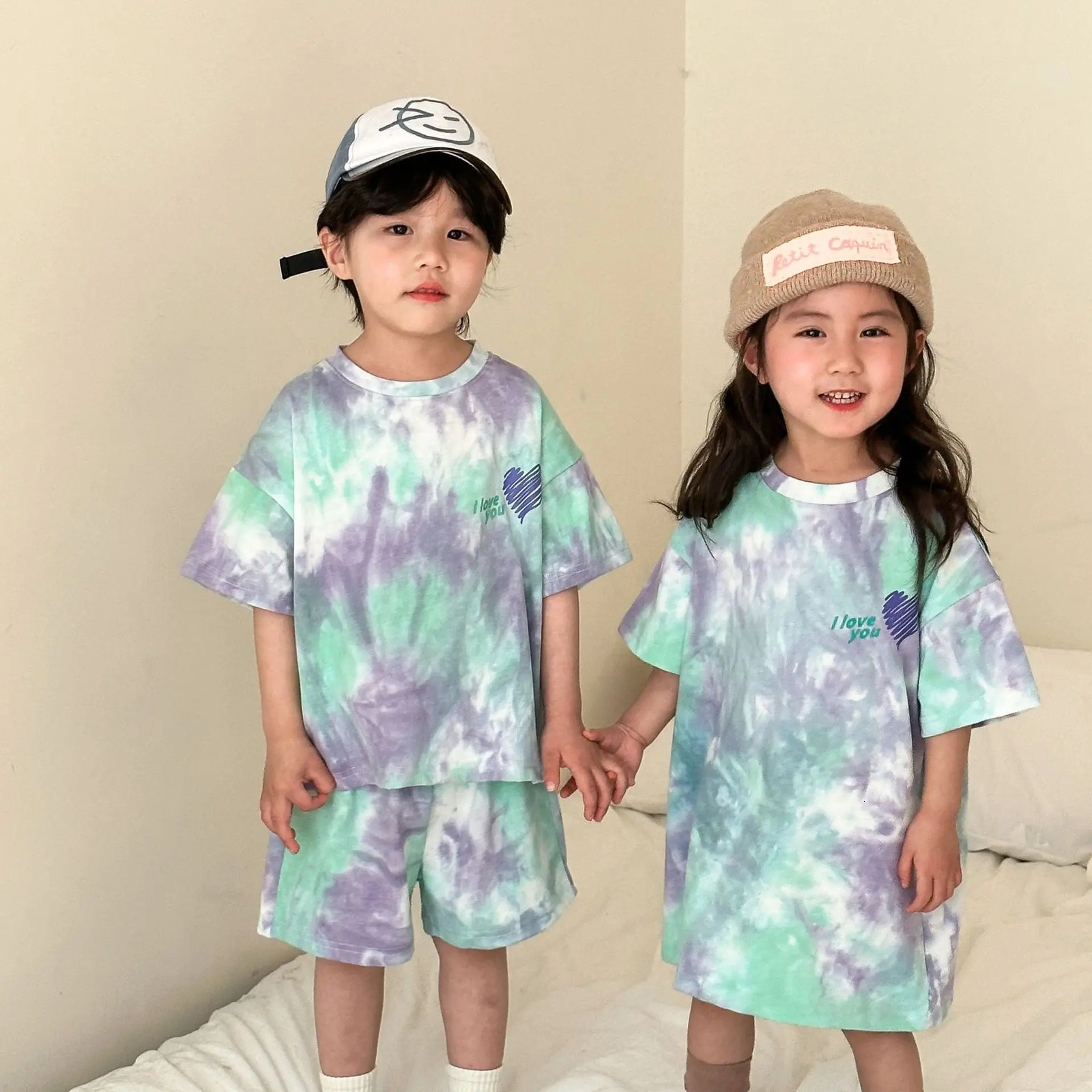 Children Summer Short Sleeve Set Kids Boys Shirts Shorts Sports Suit Tie Dye Girls Casual Dress Brother Sisters Outfits 240530
