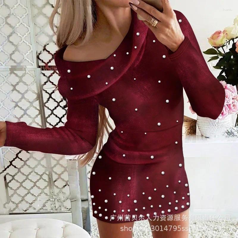 Casual Dresses Velvet Beaded Funnel Neck Dress Elegant Women Long Sleeve High Waist Corset Bodycon Party Evening Night Club Wear