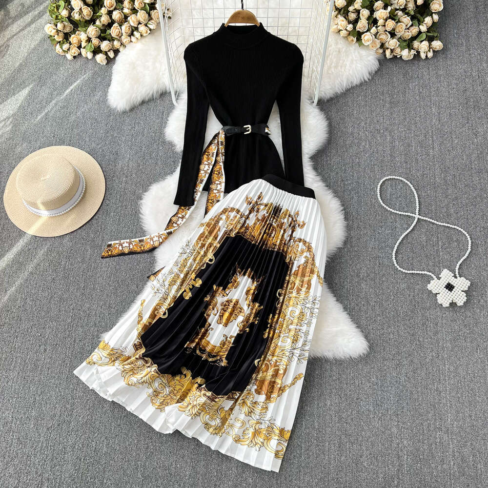 Fashion suit women stand collar slim knit top two-piece high waist baroque printed pleated skirt