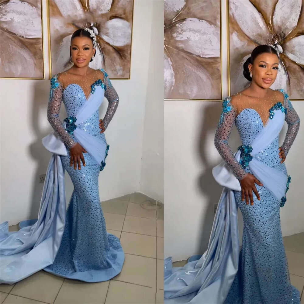 Aso Modest Ebi Style Blue Prom Dresses Lace Appliques Sequined African Formal Ocn Dress Side Train Nigerian Evening Gowns
