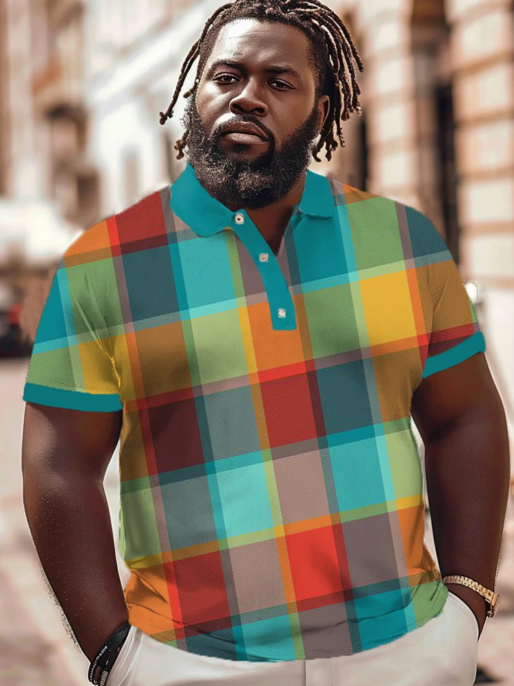 ZOOY L9XL Mens Plus Size Chest 202cm Summer Personalized Plaid Pattern Short sleeved Polo Shirt Tshirt 240529