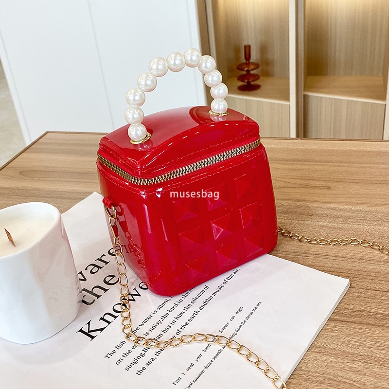 DingTalk Jelly Bag New Pearl Women's Handbag Fashion Chain Bucket Bag Single Shoulder Crossbody Bag Cute Mini Bag