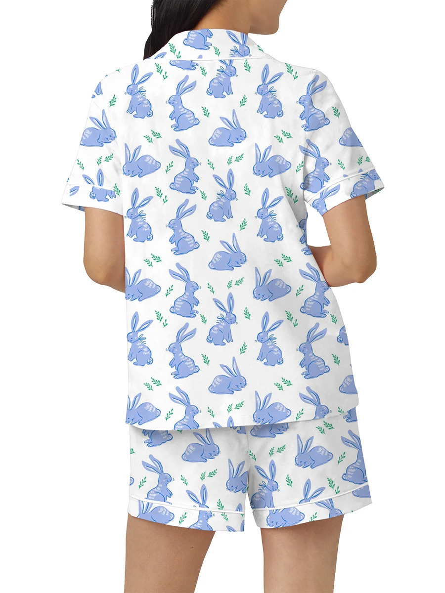Women 2 Piece Y2k Rabbit Print Pajama Set Short Sleeve Lapel Collared Button Down Shirt Shorts Pjs Lounge Easter Day Sleepwear 240530