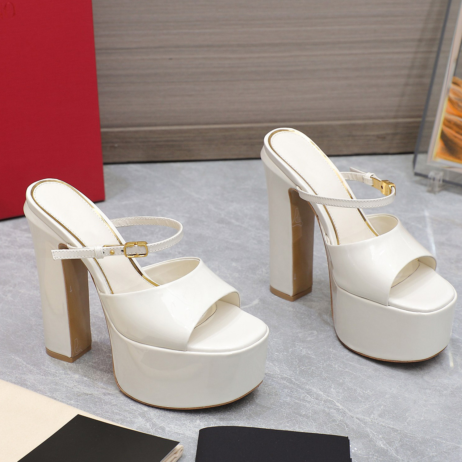 Tan-Go 155 mirrored-leather platform mules Sky-high waterproof leather lacquer heels designer factory shoe With box Sizes 35-42