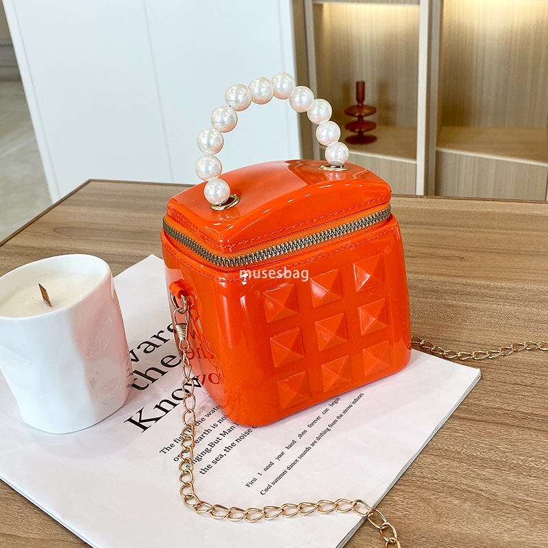 DingTalk Jelly Bag New Pearl Women's Handbag Fashion Chain Bucket Bag Single Shoulder Crossbody Bag Cute Mini Bag