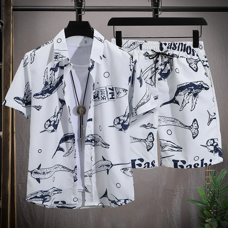 Mens Hawaiian Beach Set Single Breasted Short Sleeve Shirt and Shorts Casual Summer Vacation Travel Outfit 240518