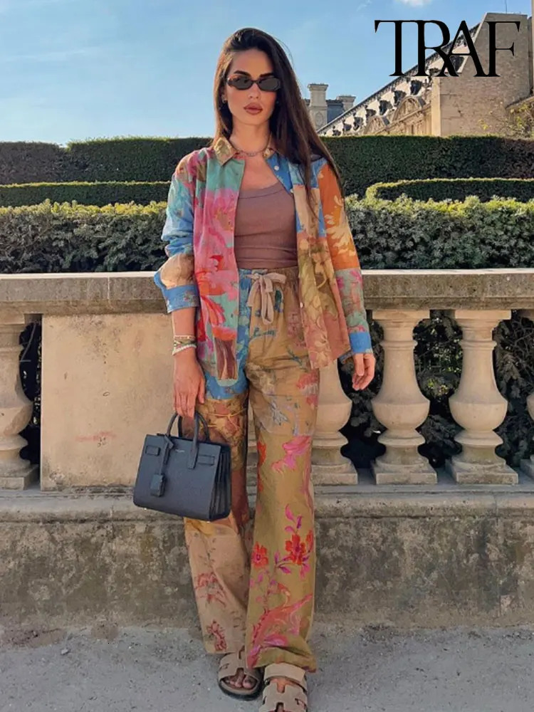 TRAF Woman Pants Sets Fashion Print Shirts Women Suit Long Pants Casual 2 Pieces Women Outfits 240529