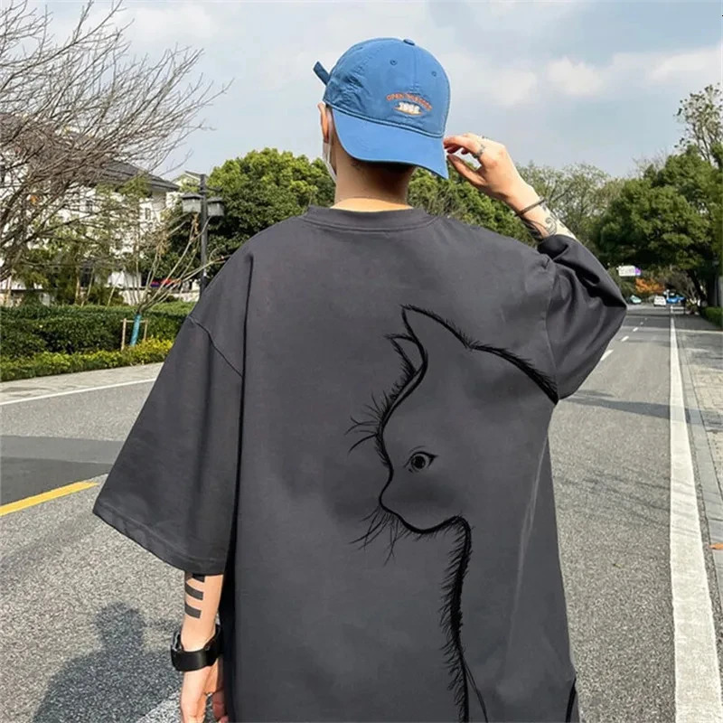 Summer TShirt Men Oversized Cartoon Cat Print Tees High Street Unisex Top T Shirts Loose Cotton Daily Clothing 8XL 240523