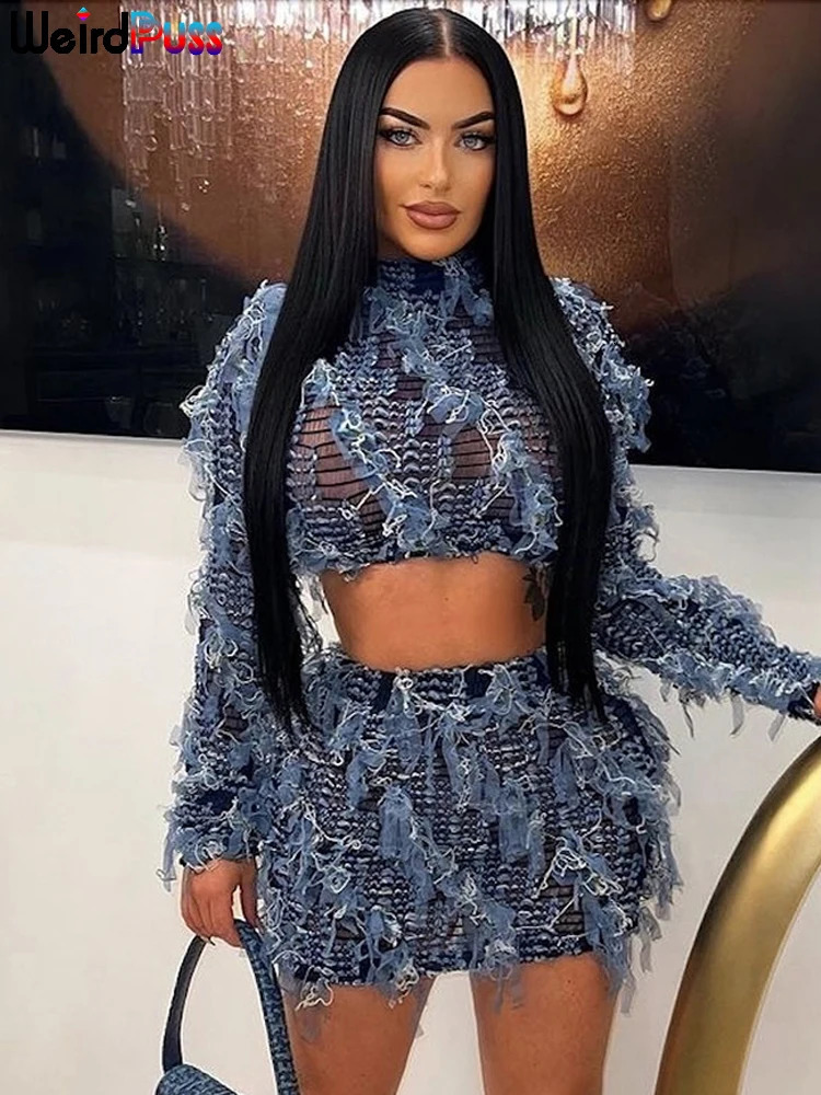 Weird Puss See Through Patchwork Women 2 Piece Set Elastic Tassel Thin Crop TopsSkinny Skirts Matching Midnight Party Clubwear 240524