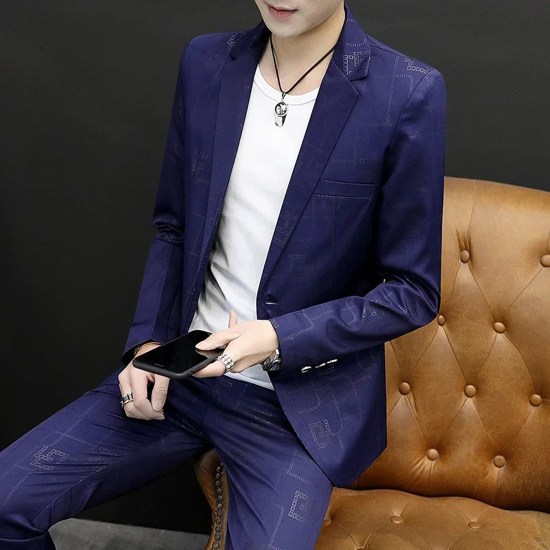 Mens Suit Jacket Autumn Slim Fit One Button Blazer Fashion Formal England Male Plaid Dress Coat Trousers Pants 2 Pieces Set 240518