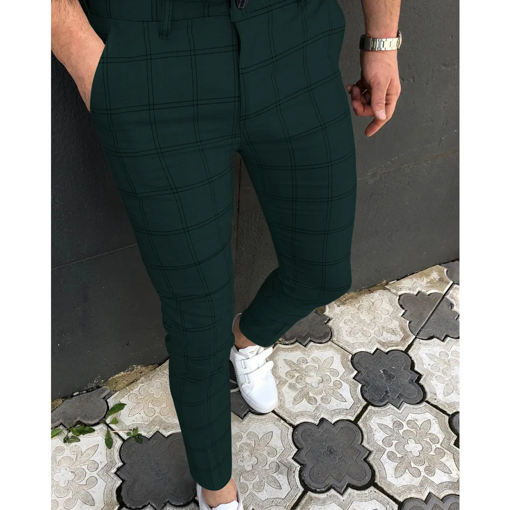Men Casual Pants Plaid Social Slim Fit Trousers Mid Waist Skinny Business Wrinkle-Resistant Flat-Front Chino Pants 240530