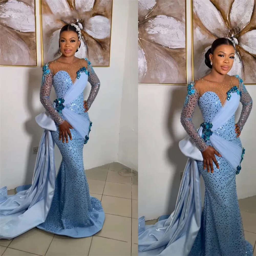 Aso Modest Ebi Style Blue Prom Dresses Lace Appliques Sequined African Formal Ocn Dress Side Train Nigerian Evening Gowns