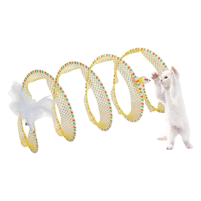 Folding Cat Tunnel S-Shaped Spring Cat Tunnel Plush Mouse Feather Toy Spiral Tunnel Interactive Cat Toy Cat Tunnel Pet Toy