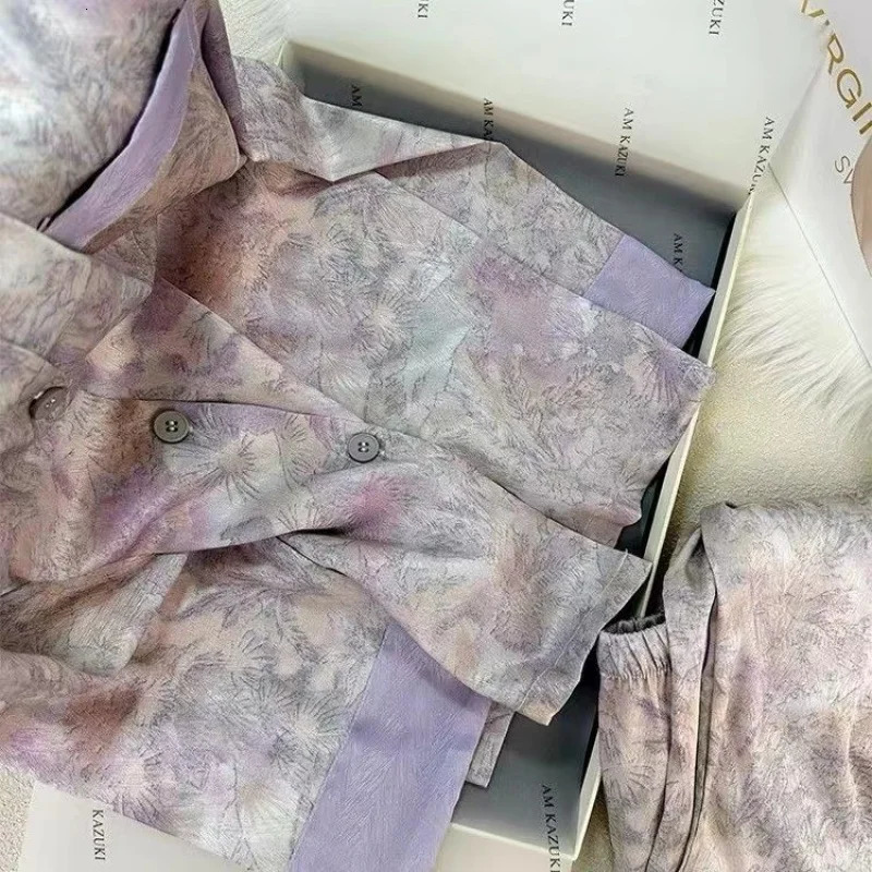 Flowers Twill Print Classy Womens Pajamas Spring Autumn Two-piece Sets Long Female Lounges Simulated Silk 2024 Y2k Homewear 240530
