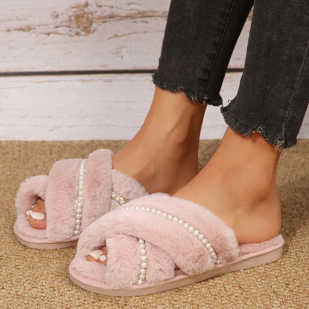 Women's Plush Warm Fluffy Comfortable Faux Cross Indoor Floor Slippers Flat Soft Fur Shoes Ladies Women 41f20