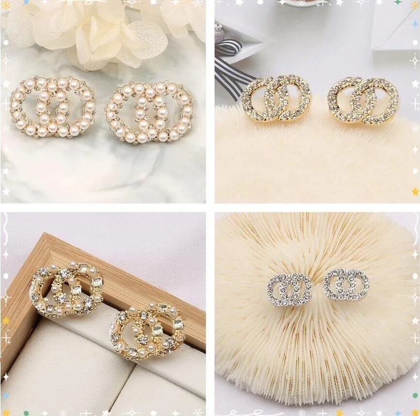 1-Mixed minimalist 18K gold-plated 925 silver designer letter earrings geometric famous womens round crystal rhinestone pearl earrings wedding party Jewerlry