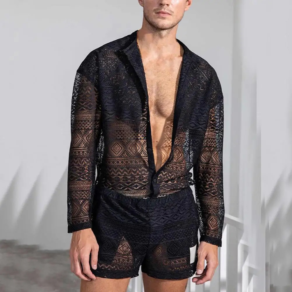 1 Set Men Outfit Sexy Men Top Shorts Hollow Out See Through Crochet Shirt Shorts Single Breasted 240518