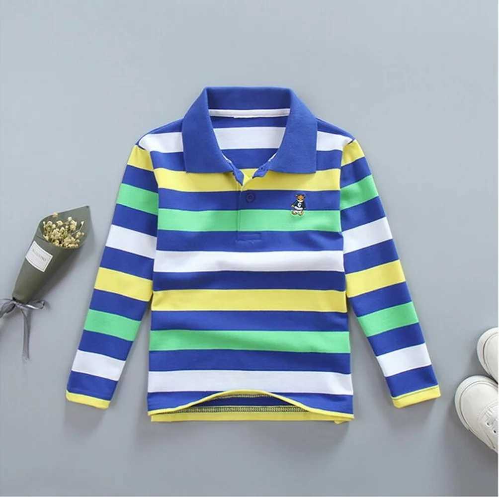 Polos Spring and Autumn Youth Polo Shirt Childrens Cotton Stripe T-shirt 3-14 Year Old Baby Boy Long Seven Piece WX5.297UG2