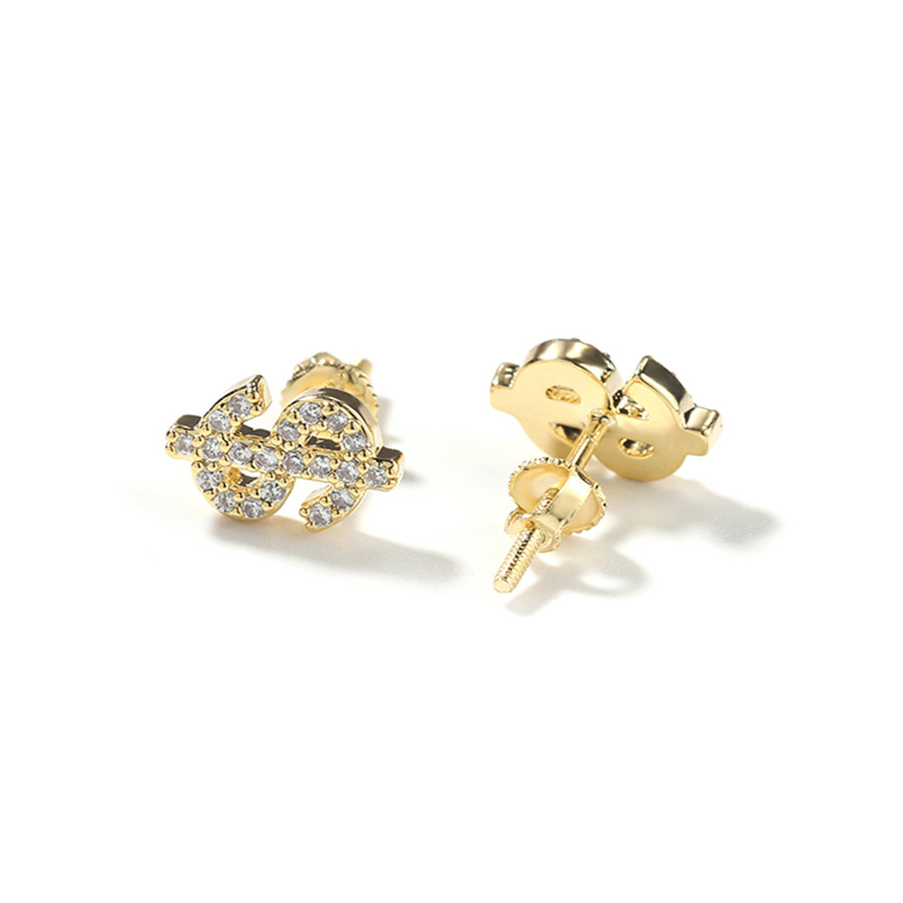 Hip Hop Dollar Symbol Screwback Stud Earring 5A Zircon 18K Gold Plated Jewelry