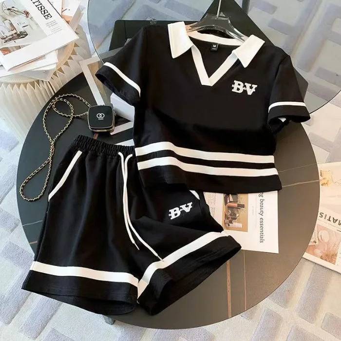 Summer Children Girls Clothes Set V Neck Tshirts and Shorts 2 Pieces Suit Teenage Short Sleeve Top Bottom Tracksuit 240530