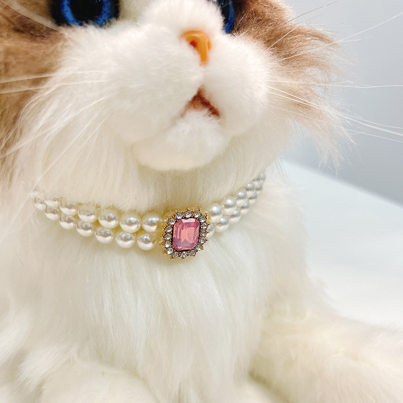 2 Rows Dog Cat Pearls Necklace Collars Bling Rhinestone Diamond Decor Pet Collar Necklace Pet Puppy Kitten Jewelry Accessories