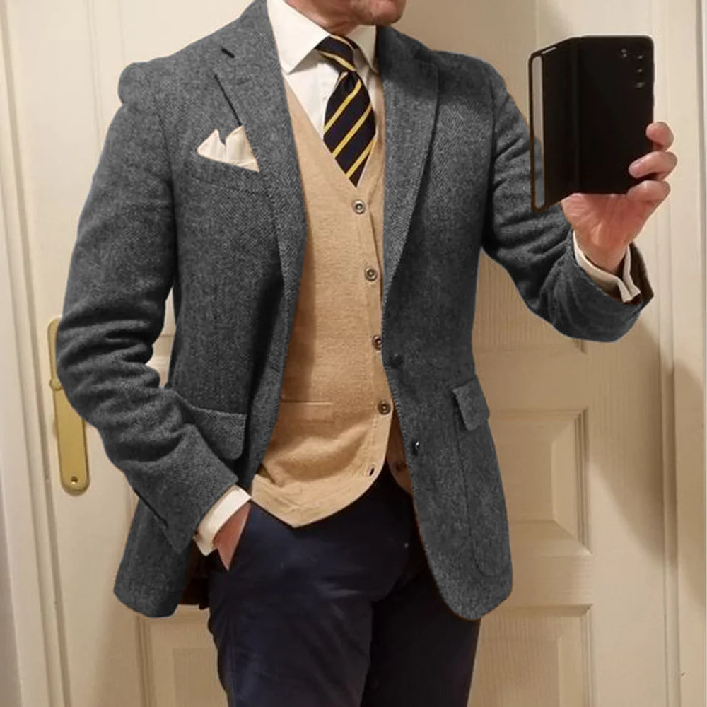 Mens Herringbone Single Breasted Jacket Casual Wedding Groom Suit Tuxedo Coat Elegant Mens Jackets Man Spring Suits Blazer 240518