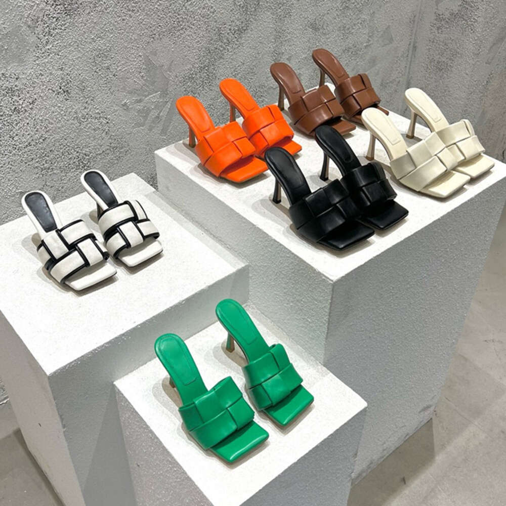 Sexy Flat Mule Woven Lido Sandals Women Slippers Square Wedding High Heels Shoes Dress Shoes EU35-43 576
