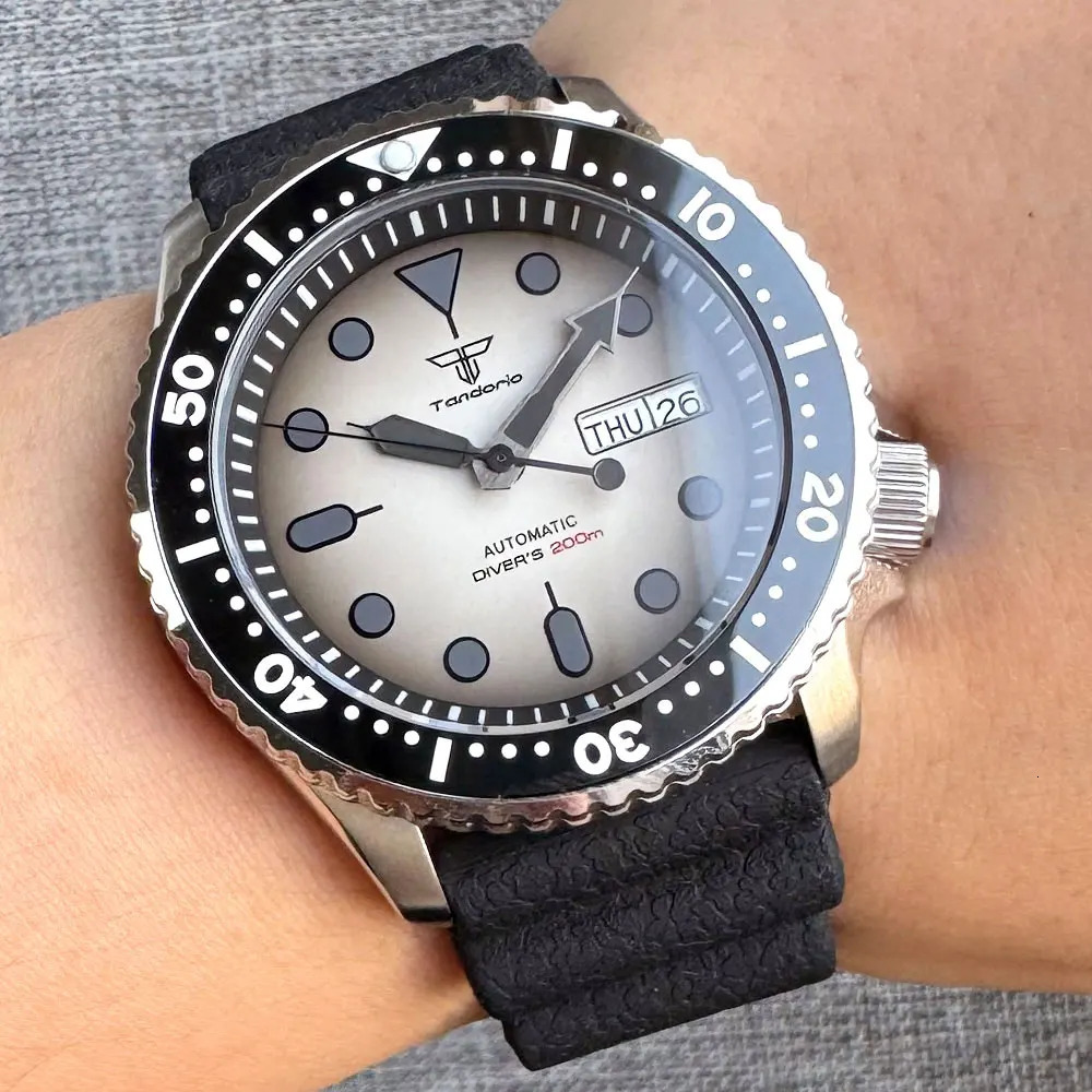 20bar Waterproof Tandorio SKX Mod S NH36 Steel Mechanical Watch Mens 120 Click Ring Chapter Ring 3.8 Crown Clock Black Index 240529