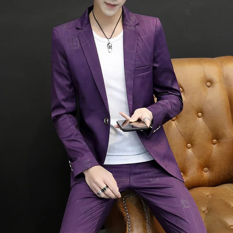 Mens Suit Jacket Autumn Slim Fit One Button Blazer Fashion Formal England Male Plaid Dress Coat Trousers Pants 2 Pieces Set 240518