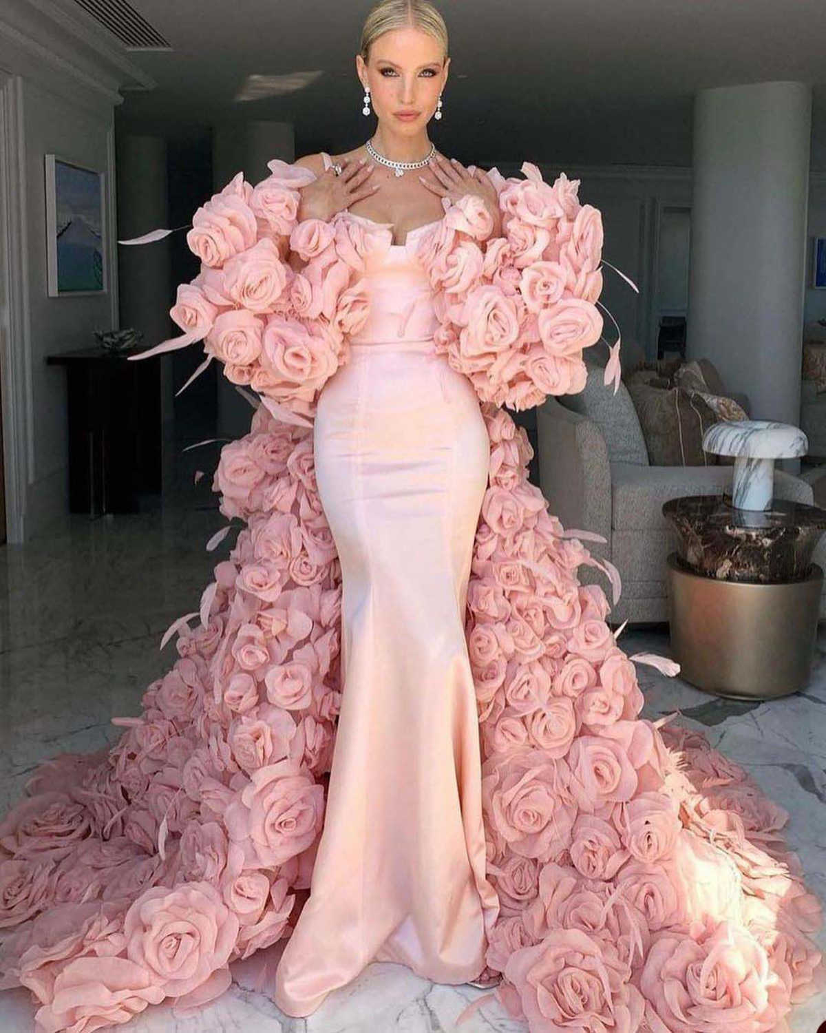 Flowers Mermaid Prom Dress 2-Pieces V Neck Sequins Lace 3D Lace Tulle Appliques Tail Evening Dresses Custom Made Size Colour D-L23414