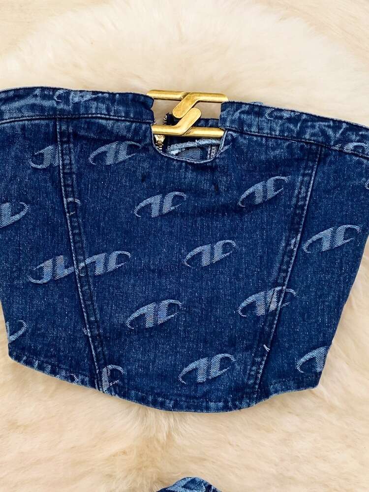 Fashion Set Womens American Style Bra Denim Tank Top Two Piece Casual High Waist Slim Straight Leg Pants