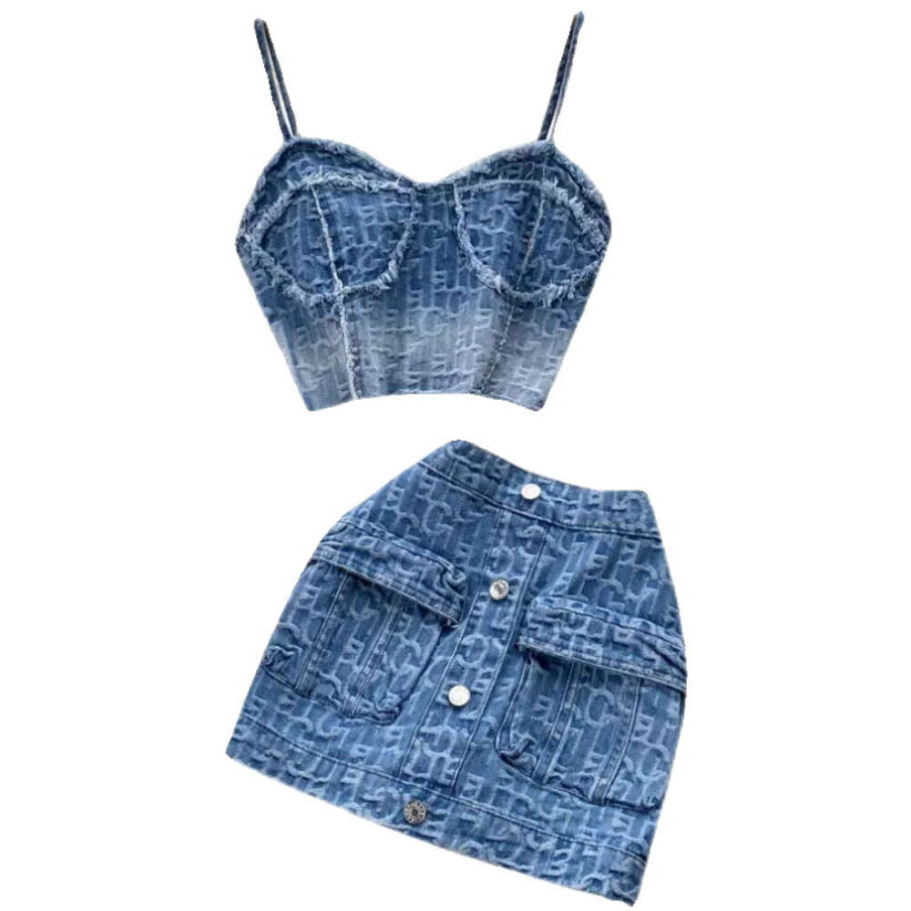 Spicy Girls Short Strap Tank Top Womens Design Sense Umbilical High Waist A-line Denim Short Skirt Two Piece Set