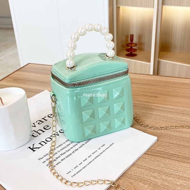 DingTalk Jelly Bag New Pearl Women's Handbag Fashion Chain Bucket Bag Single Shoulder Crossbody Bag Cute Mini Bag