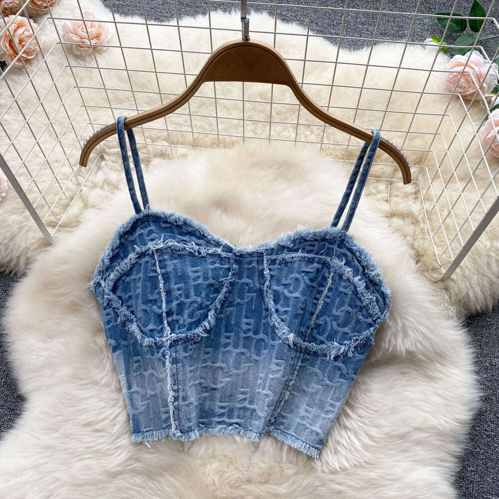 Spicy Girls Short Strap Tank Top Womens Design Sense Umbilical High Waist A-line Denim Short Skirt Two Piece Set