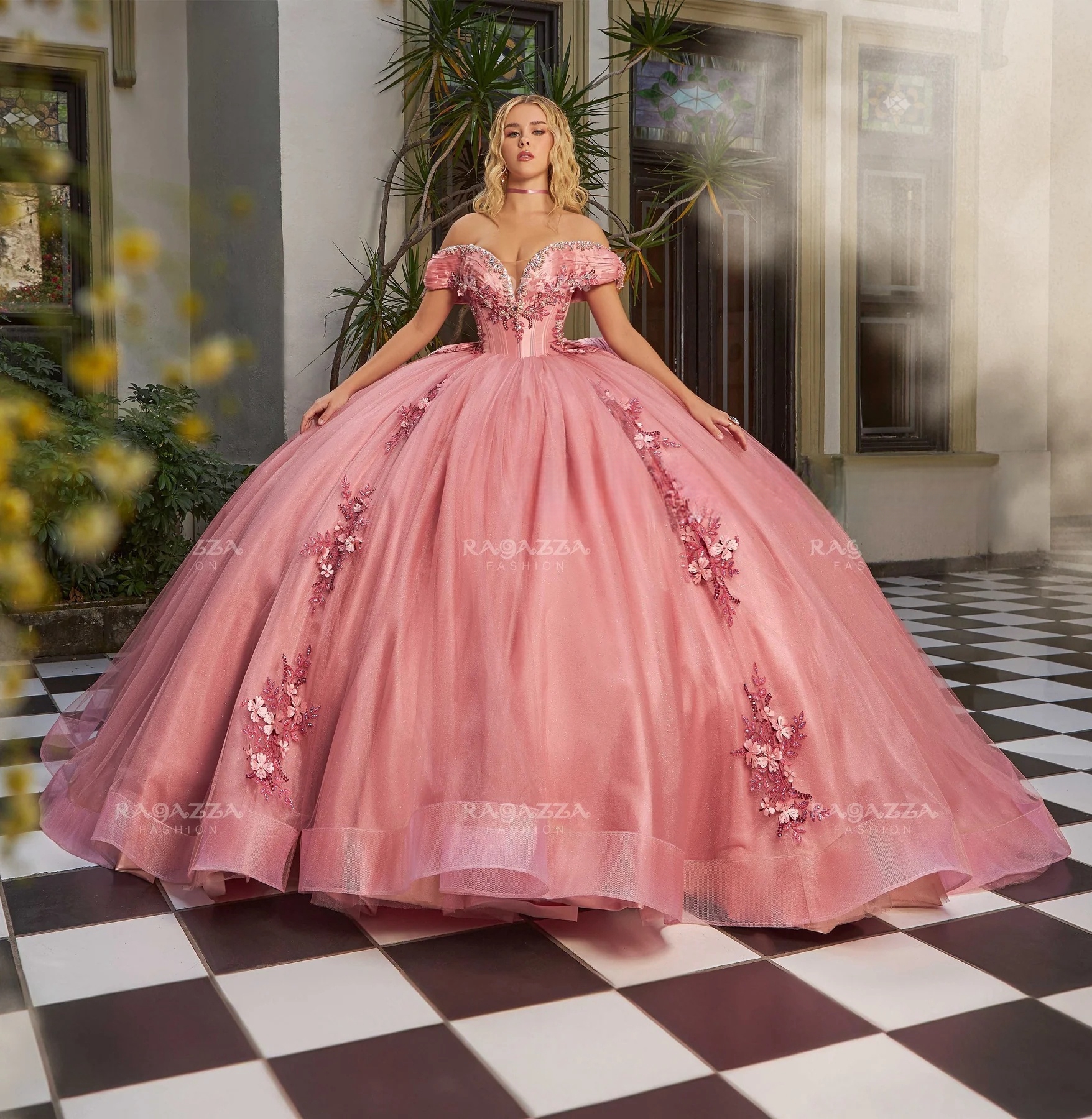 Pink Mexican Quinceanera Dresses Ball Gown Off The Shoulder Tulle Floral Beaded Puffy Charro Sweet 16 Dresses 15 Anos