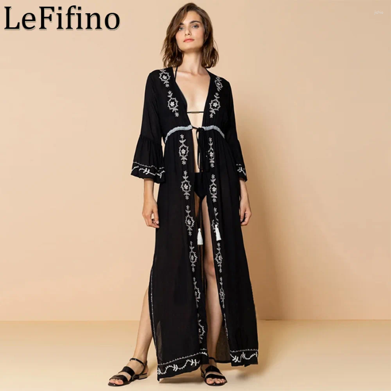 Summer Artificial Cotton Solid Color Embroidered Cardigan Drawstring Robe Vacation Sunscreen Coats Bikini Cover Up Outwear Women