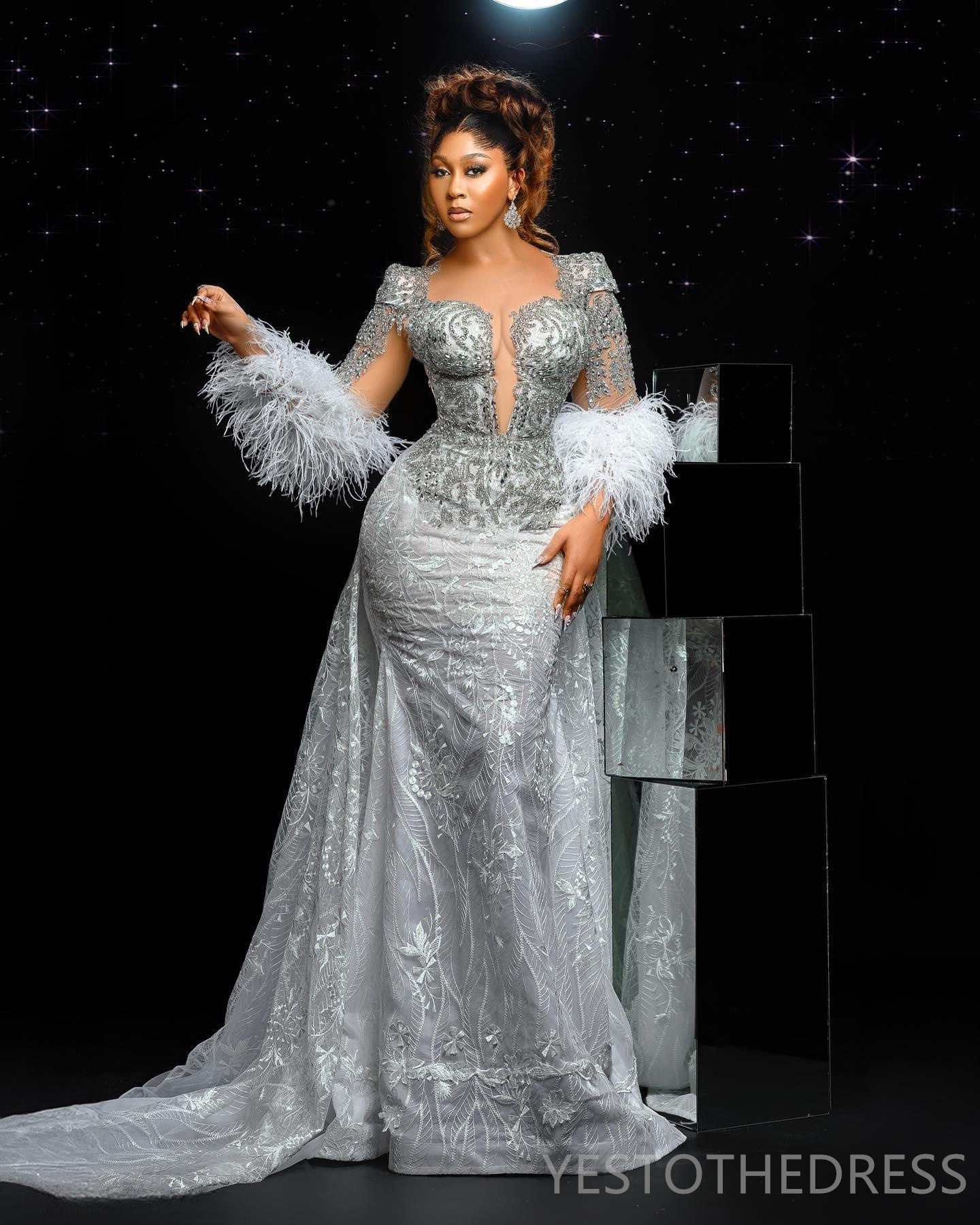 R&W 2024 urious Prom Dresses for Special Ocns Feathered Promdress With Detachable Train Illusion Long Sleeves Beaded Lace Rhies Decorated Gowns AM1021