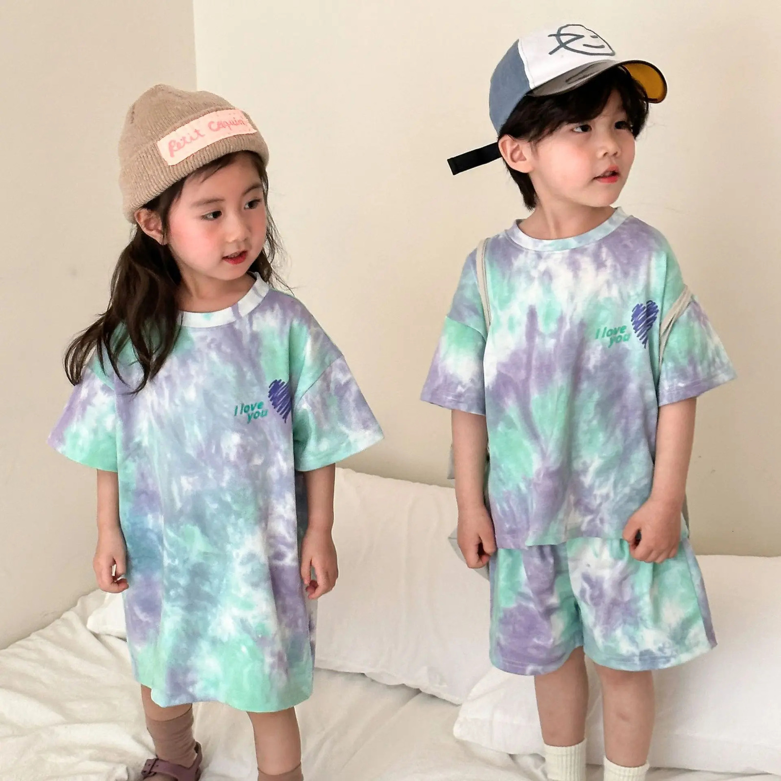 Children Summer Short Sleeve Set Kids Boys Shirts Shorts Sports Suit Tie Dye Girls Casual Dress Brother Sisters Outfits 240530