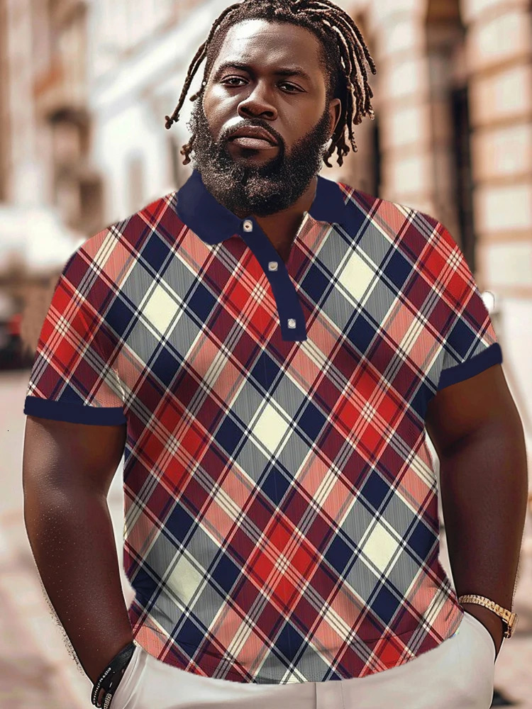 ZOOY L9XL Mens Plus Size Chest 202cm Summer Personalized Plaid Pattern Short sleeved Polo Shirt Tshirt 240529
